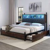 AMERLIFE King Size Bed Frame with Bookcase Headboard, 4 Storage Drawers, Wooden Platform Bed with Charging Station & LED Light, No Box Spring Needed, Noise-Free, Rustic Brown AMERLIFE
