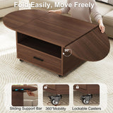IBF Foldable Coffee Table with Drawer, Wood Living Room Table with Storage, Multifunctional Oval Center Table with Wheels, Extendable Rolling Tea Table for Living Room Home Office, Walnut, 47 Inch IBF