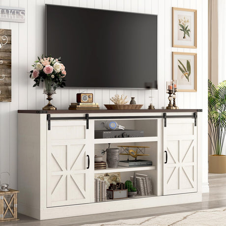 Hlivelood 66" Farmhouse TV Stand for 75 Inch TV, 33" Tall Entertainment Center with Power Outlets & Sliding Barn Door, Wood TV Stand with Storage, TV Media Console for Living Room, Antique White Hlivelood