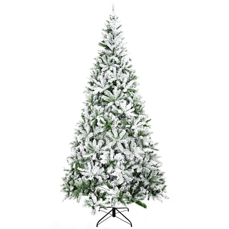 HOMCOM 9' Tall Unlit Snow Flocked Pine Artificial Christmas Tree with Realistic Branches, Green HOMCOM