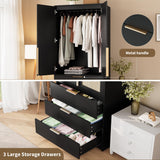 GarveeHome Armoire Wardrobe Closet, 69.5 in Wooden Wardrobe Cabinet with 3 Drawers, Hanging Rod, 2 Doors Clothing Storage Cabinet for Bedroom, Large Capacity Storage, Rattan Door, Black GarveeHome