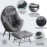 IRONCK Wicker Outdoor Egg Chair with Ottoman, Patio Lounge Chair with Footrest, Thickened Padded Cushion and Headrest, Egg Seat for Patio, Living Room, Garden, Balcony, Dark Gray IRONCK