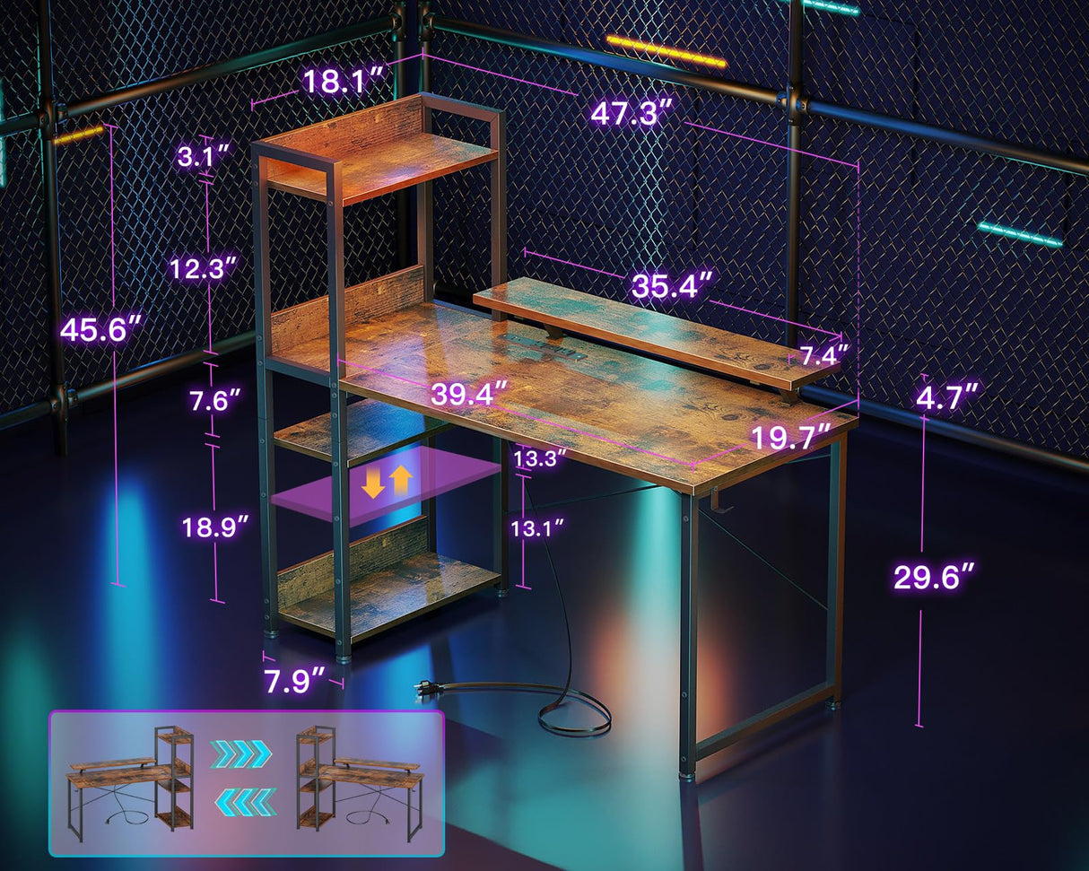 ODK 40-Inch Rustic Brown Small Computer Desk with Power Outlets, USB Charging Port, and Reversible Storage Shelves ODK