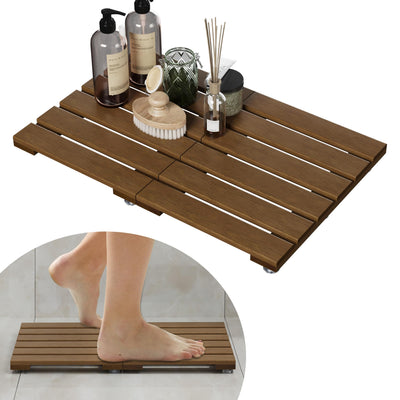 Smuxee Foldable Teak Wood Bath Mat, 19.7" x 13" Shower Mat with Non-Slip, Wooden Floor Mat for Bathroom, Pool and Sauna