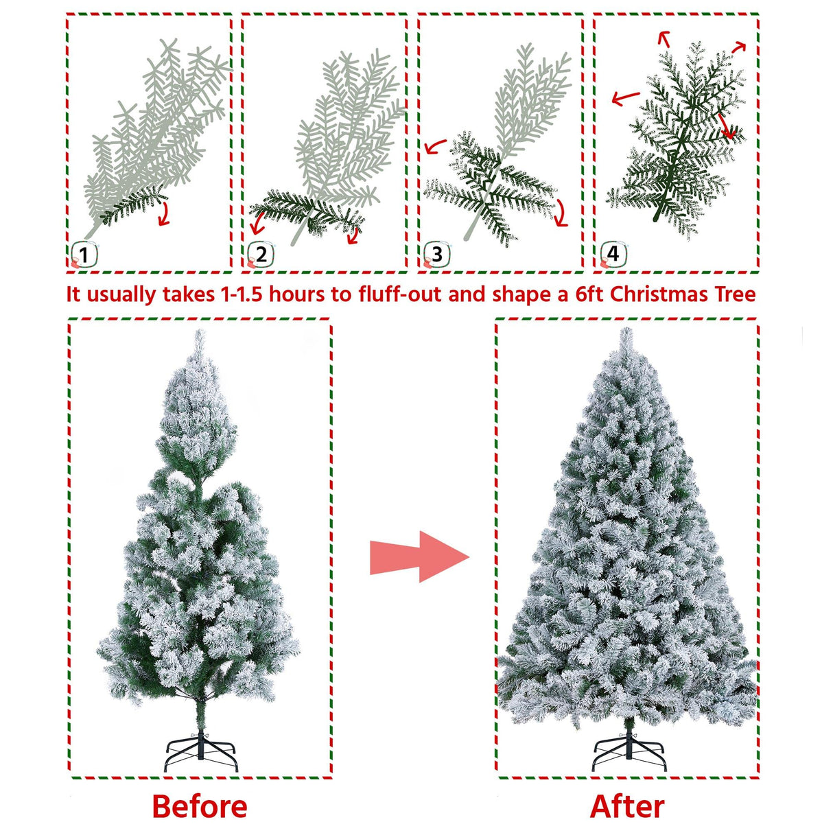 Yaheetech 6ft Premium Snow Flocked Artificial Christmas Tree Hinged Pine Full Holiday Xmas Tree for Home Office Party Decoration with 820 Branch Snow Tips and Metal Stand Yaheetech