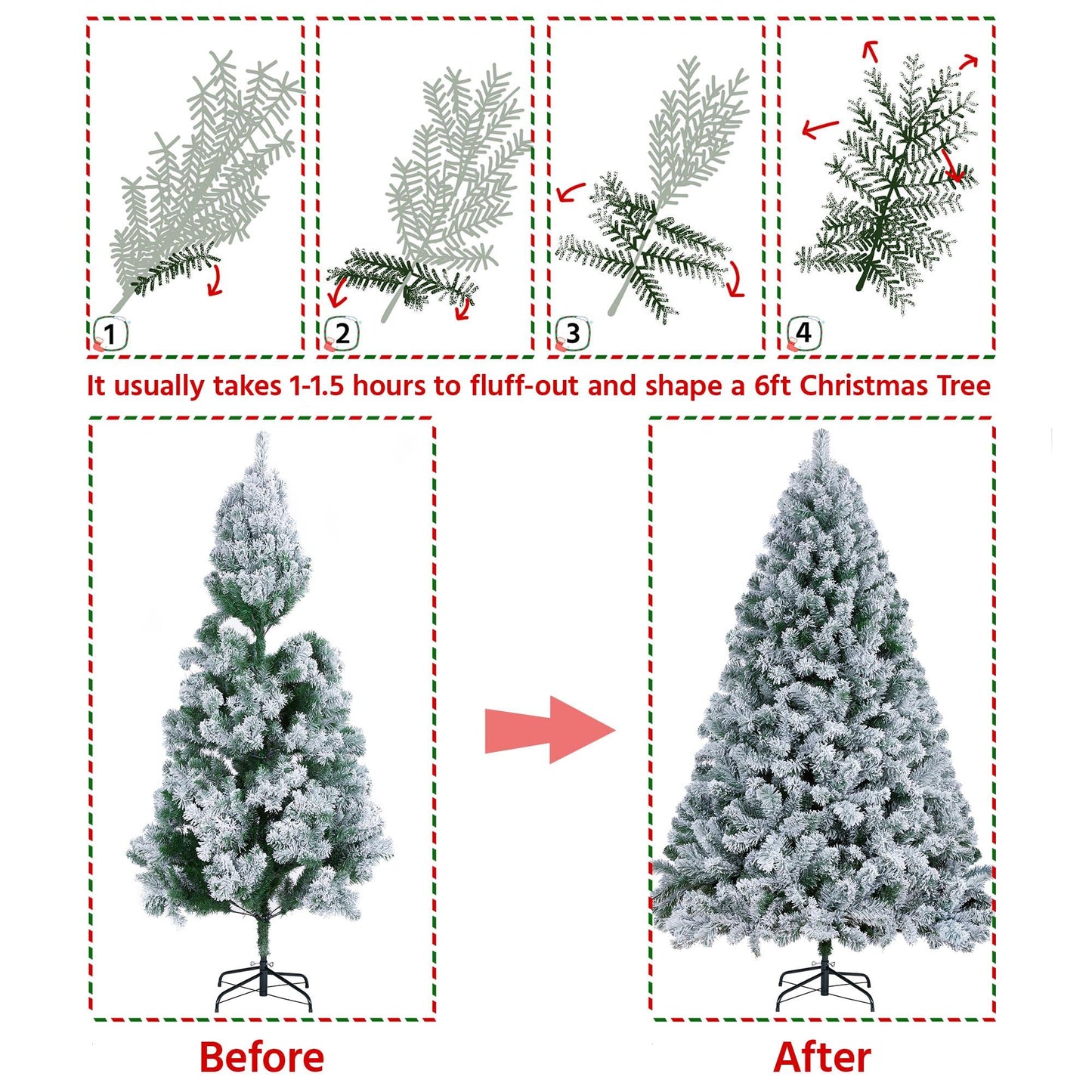 Yaheetech 6ft Premium Snow Flocked Artificial Christmas Tree Hinged Pine Full Holiday Xmas Tree for Home Office Party Decoration with 820 Branch Snow Tips and Metal Stand