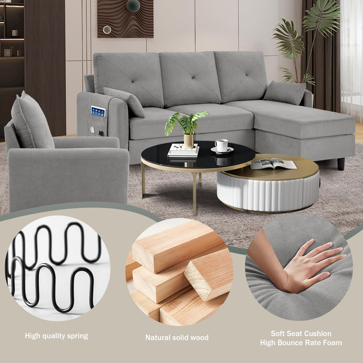 Portaforta Sectional Sofa Set, 77" Convertible Sofa and Accent Chair, Small 3 Seat L Shaped Couch with Storage Ottoman and Side Pockets, Modern Couch for Living Room, Office, Apartment, Light Grey Portaforta