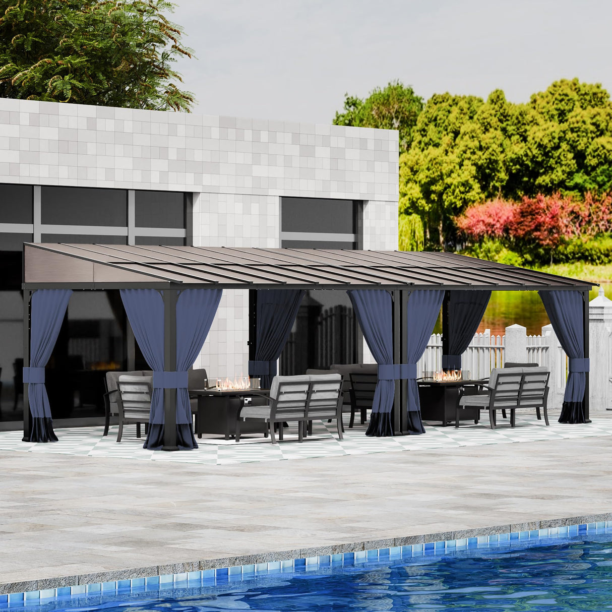 RTDTD 10' x 28' Gazebo，Hard Top Lean to Gazebo Wall Mount Heavy Hardtop Gazebo Outdoor Pergola with Curtains and Netting for Patio Garden Lawn Backyard Deck (Navy) RTDTD