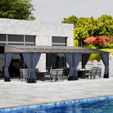 RTDTD 10' x 28' Gazebo，Hard Top Lean to Gazebo Wall Mount Heavy Hardtop Gazebo Outdoor Pergola with Curtains and Netting for Patio Garden Lawn Backyard Deck (Navy) RTDTD