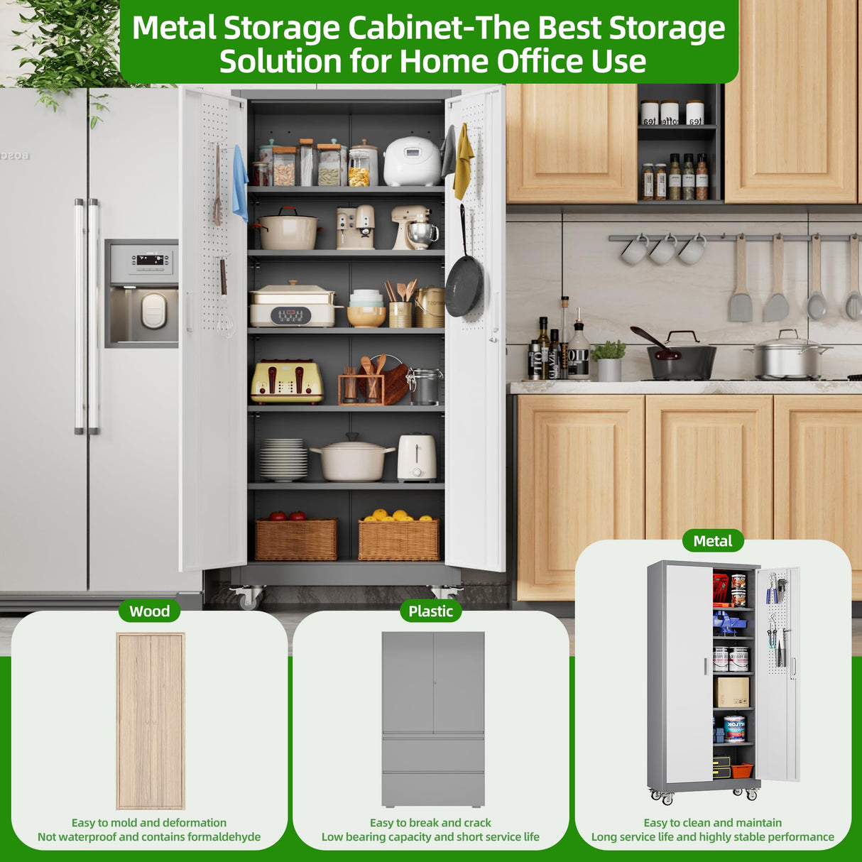 Aobabo Upgraded Garage Storage Cabinets with Wheels,Metal Storage Cabinets with 5 Adjustable Shelves for Garage Home Office Storage, Grey&White,71''H*32''W*16''D,Assembly Required Aobabo