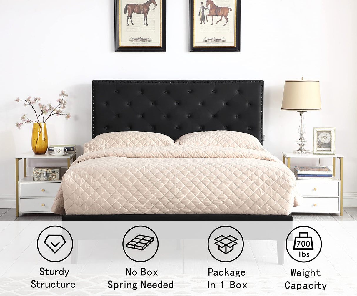 Full Upholstered Platform Bed Frame with 48" Tall Adjustable Headboard - Button Tufted Suede Velour Bed- Wood Slat Support with Storage Space- No Box Spring Needed - Black - OLIVER & SMITH - Princeton OLIVER & SMITH SINCE 1921