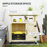 Outsunny Outdoor Wooden Potting Bench Table, Garden Workstation with Storage Cabinet, Aluminum Table Top, Rubber Wheels for Backyard, Patio, Balcony, Natural Wood Outsunny