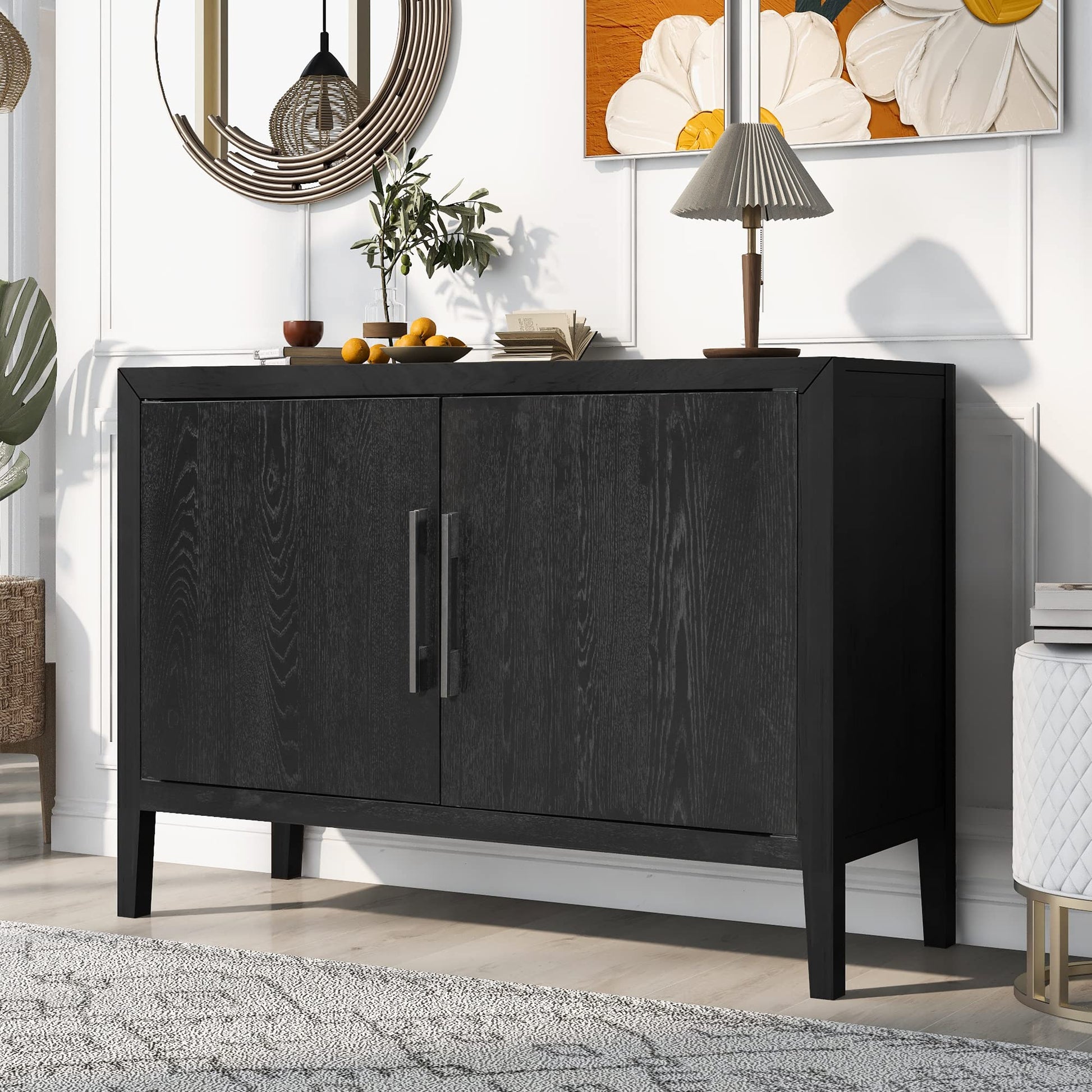 Merax New Black Wood Farmhouse Buffet Sideboard with Metal Handles and 2 Doors, Coffee Bar Storge Cabinet Console Table for Living Room Bedroom Kitchen Hallway, 47.2'' L - WoodArtSupply