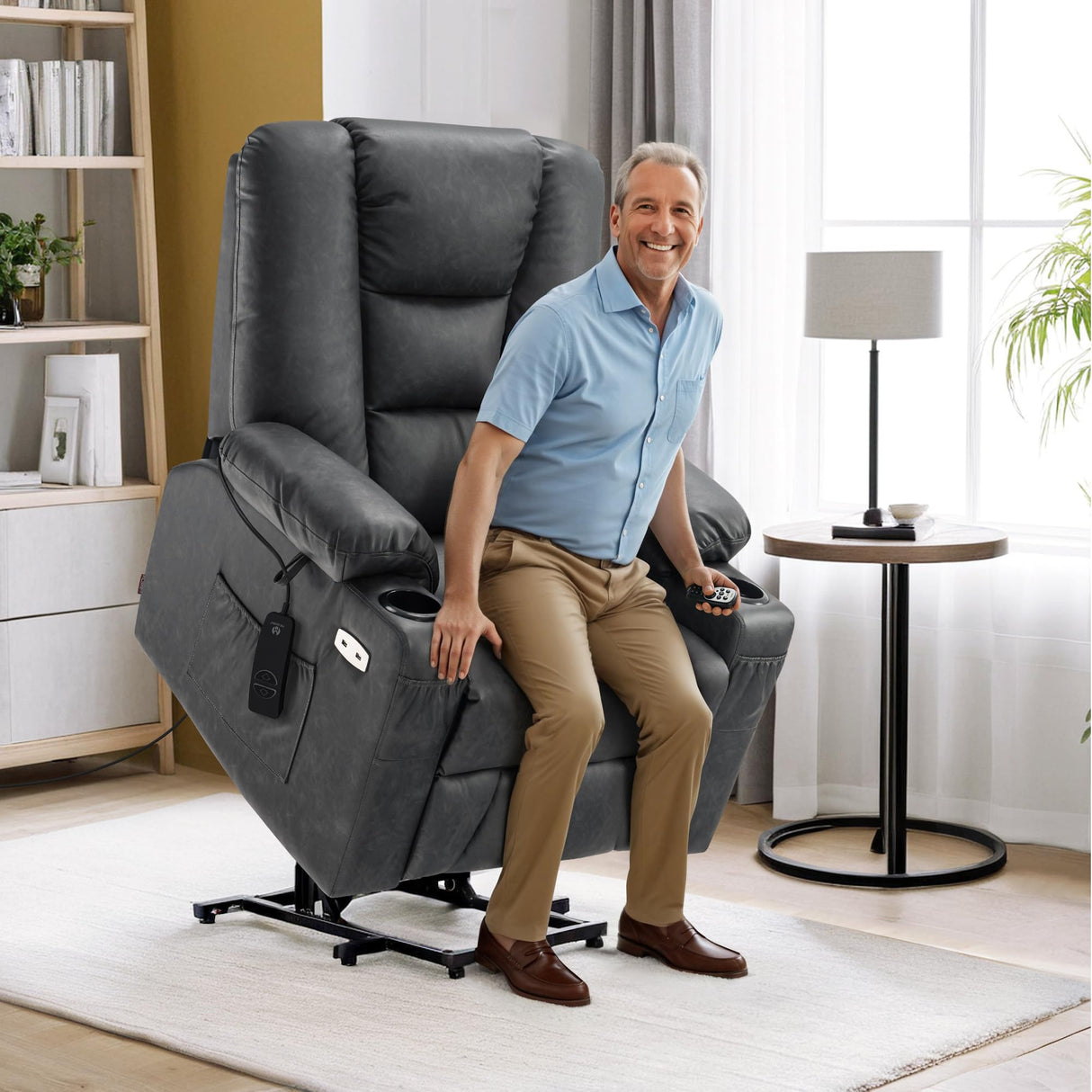 MCombo Power Lift Recliner Chair for Elderly, Lift Chair with Heat and Massage, USB Ports, Cup Holders, Faux Leather 7519 (Medium, Dark Grey) MCombo