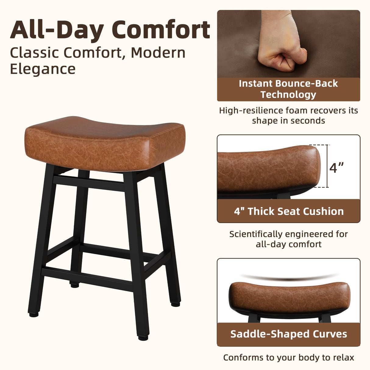 LONXIU Counter Height Bar Stools Set of 3, 24 Inch Backless BarStools for Kitchen Island Leather Saddle Bar Chairs Kitchen Stools with 4" Thick Seats & Heavy Duty Metal Base, Brown LONXIU