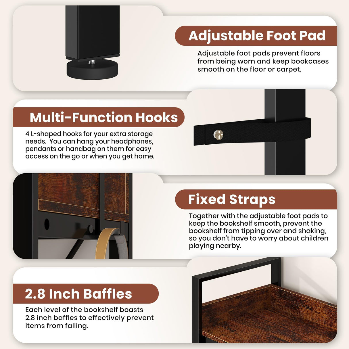 5-Tier Corner Bookshelf, L-Shaped Reversible Bookshelf, 65" Industrial Wooden Bookcase with Open Shelves, Metal Frame Shelf with Adjustable Feet, Corner Storage Rack for Home Office, Rustic Brown GarveeLife