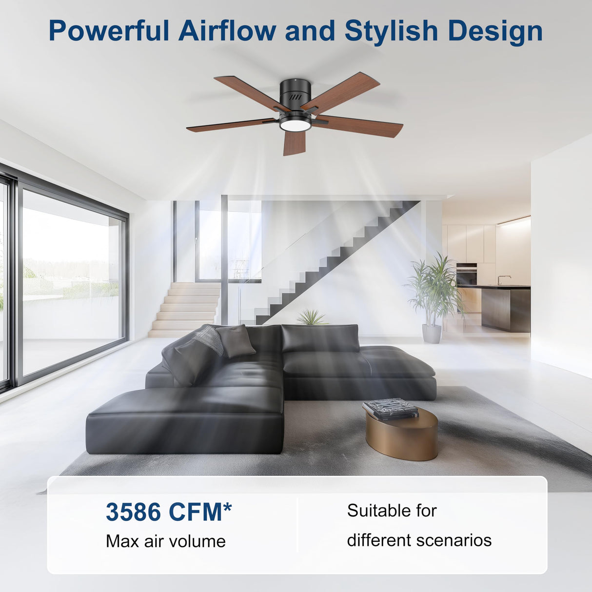 Ohniyou Ceiling Fan with Lights, 48" Flush Mount Ceiling Fan with Light and Remote, Low Profile, Reversible Motor, Dimmable for Bedroom Living Room, Walnut Ohniyou