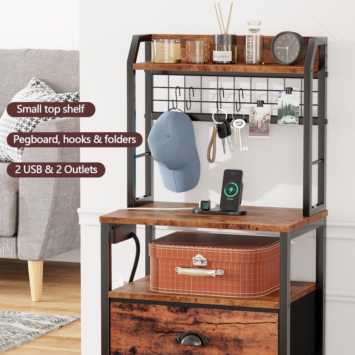 Furologee Tall Nightstand with 3 Drawers, Bedside Table with LED Lights and Charging Station, Night Stand with Pegboard and Shelves, 44'' Tall Bedside Table for Bedroom/Living Room/Dorm/Rustic Brown Furologee