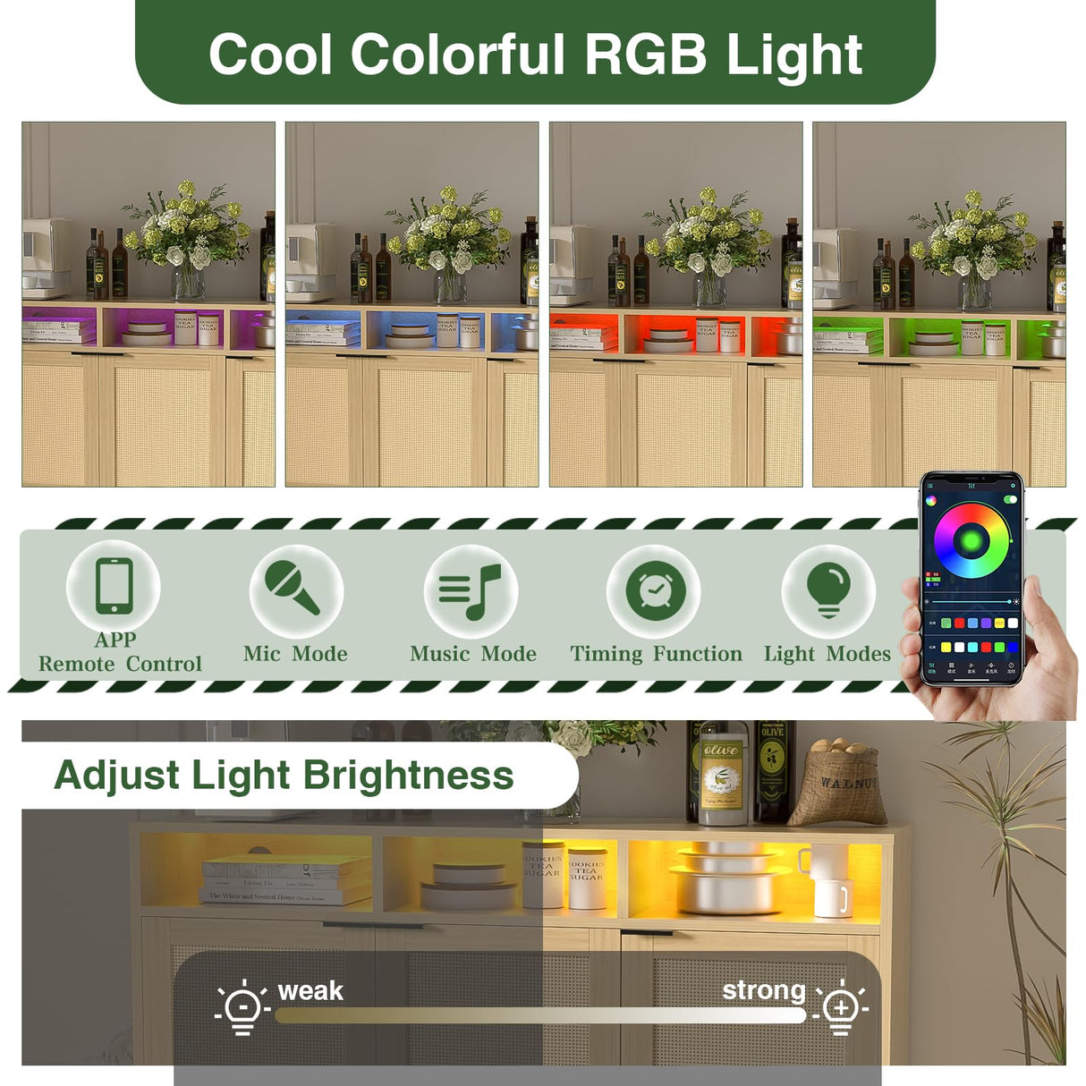 Yeyawomy Buffet Sideboard Cabinet with Storage, Storage Cabinet with LED Light and Charging Station, Rattan Sideboard Storage Cabinet, Farmhouse Kitchen Coffee Bar Cabinet, Boho Chest Storage Yeyawomy