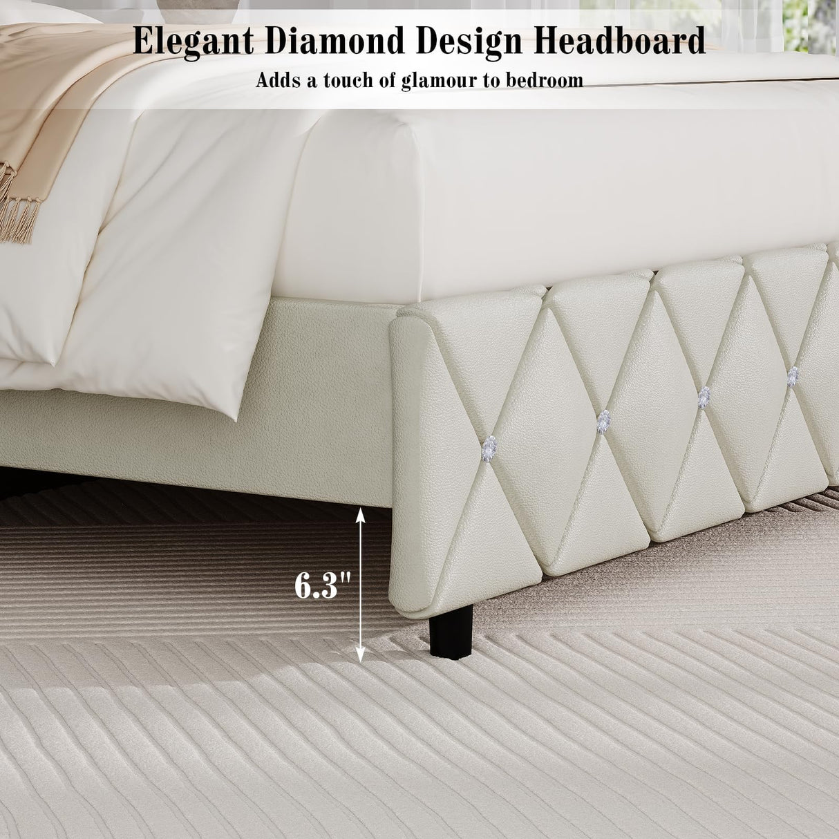 Twin Bed Frame with Diamond Tufted Headboard, Faux Leather Upholstered Bed with Wooden Slats Support, No Box Spring Needed, Mattress Foundation, Easy Assembly, Cream BarnFurin