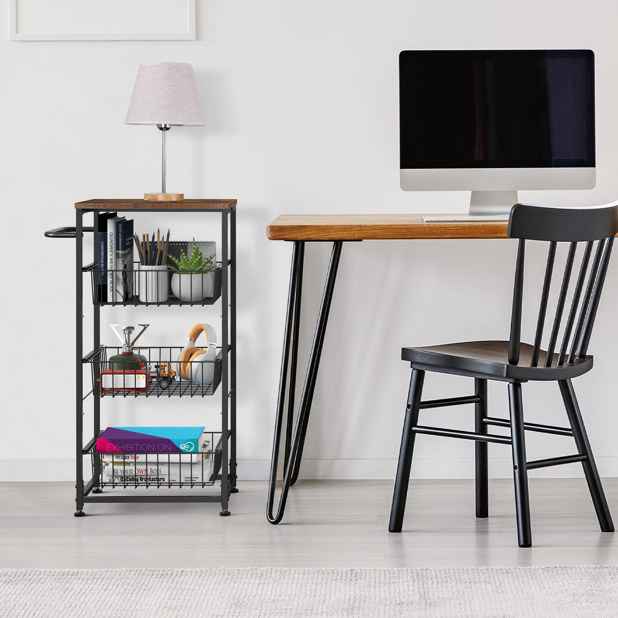 Kitchen Storage Cart on Wheels 4 Tier Utility Rolling Cart with Baskets Farmhouse Serving Cart with Handle Mesh Basket Pantry Cart Rack with Wooden Tabletop for Pantry Bathroom Office, Brown CADUKE