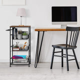 Kitchen Storage Cart on Wheels 4 Tier Utility Rolling Cart with Baskets Farmhouse Serving Cart with Handle Mesh Basket Pantry Cart Rack with Wooden Tabletop for Pantry Bathroom Office, Brown CADUKE