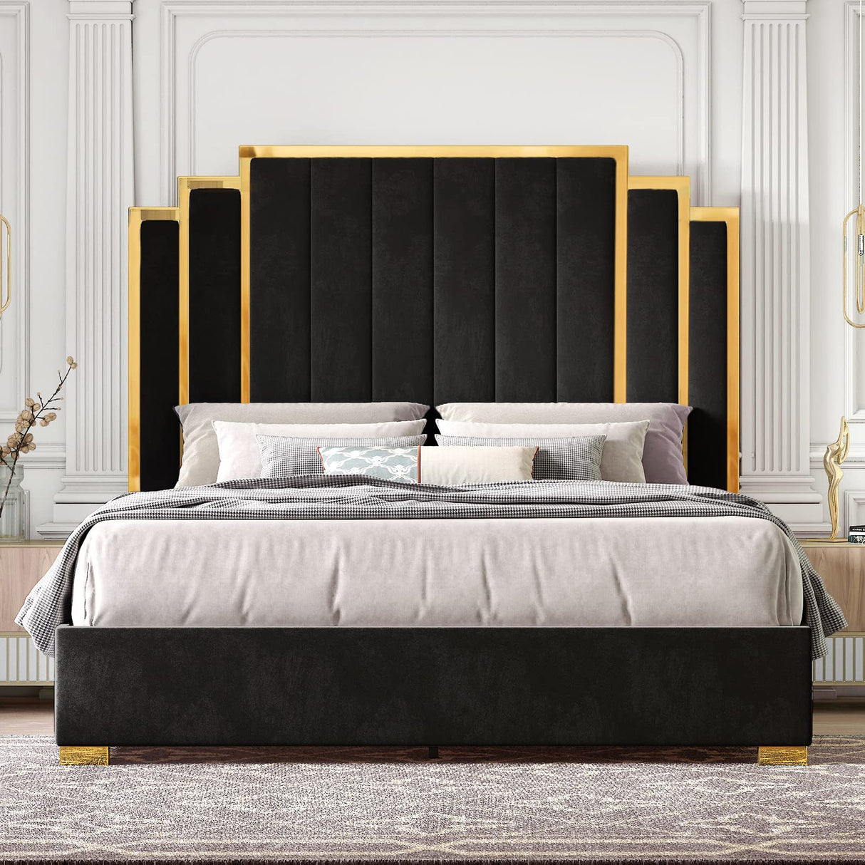 HOWE King Size Bed Frame and 65" Headboard, Upholstered Bed with Golden Plating Trim, Modern Platform Bed No Box Spring Needed, Black HOWE