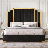 HOWE King Size Bed Frame and 65" Headboard, Upholstered Bed with Golden Plating Trim, Modern Platform Bed No Box Spring Needed, Black HOWE