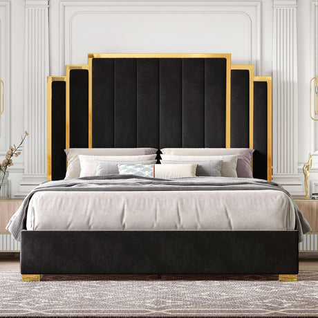 HOWE King Size Bed Frame and 65" Headboard, Upholstered Bed with Golden Plating Trim, Modern Platform Bed No Box Spring Needed, Black HOWE