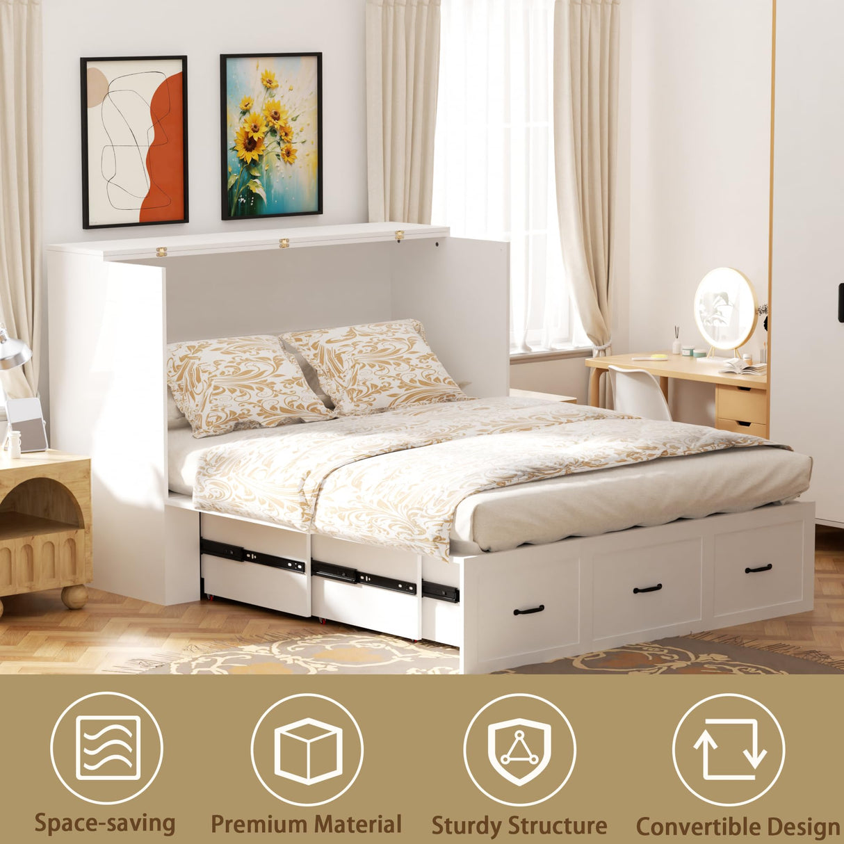 Full Size Murphy Bed with Charging Station and Drawer Farmhouse Cabinet Bed Wood Space-Saving Hidden Folding Platform Bed Chest for Home Office Bedroom Guest Room Apartment,White NEBZHASK