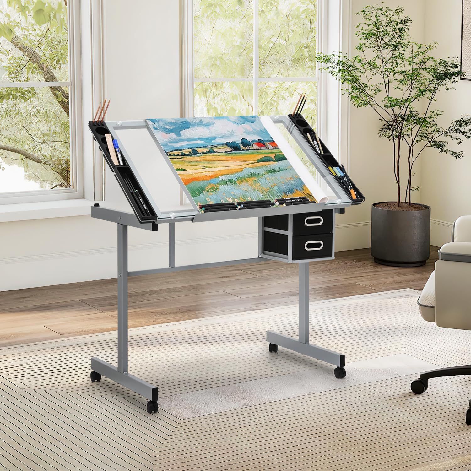 Polias Drafting Table with Adjustable Tilt Angle Board, Drawing Table Tempered Glass Top, Art Desk with Metal Frame Craft Desk for Artist with Fabric Drawers, Rolling Casters and Trays Polias