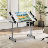 Polias Drafting Table with Adjustable Tilt Angle Board, Drawing Table Tempered Glass Top, Art Desk with Metal Frame Craft Desk for Artist with Fabric Drawers, Rolling Casters and Trays Polias