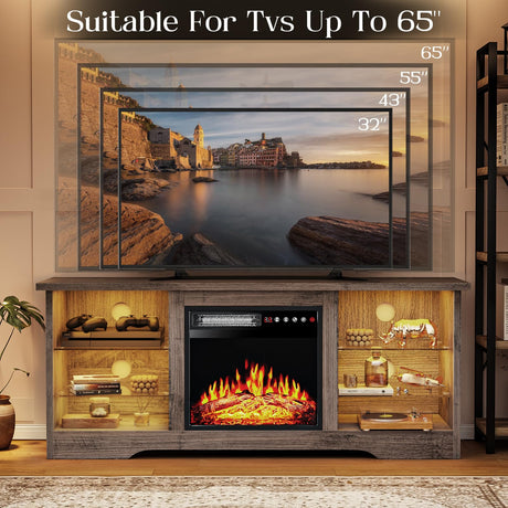 VITESSE 58 Inches Fireplace TV Stand for TVs up to 65 Inches Console with 18'' Electric Fireplace & Remote,Wooden Modern Entertainment Center for Living Room with LED Light Glass Shelves（Gray） VITESSE