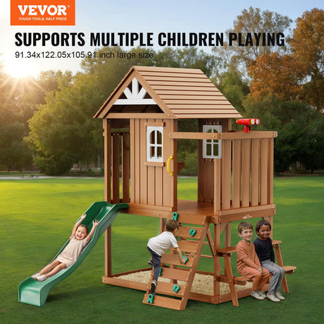 VEVOR Outdoor Wooden Playhouse, Modern Cedar Playhouse for Age 3-10 Years Kids, Garden Games Cottage, Country Style Cedar with Slide, Ladder, Climbing Wall, Windows, Picnic Table and Bench VEVOR