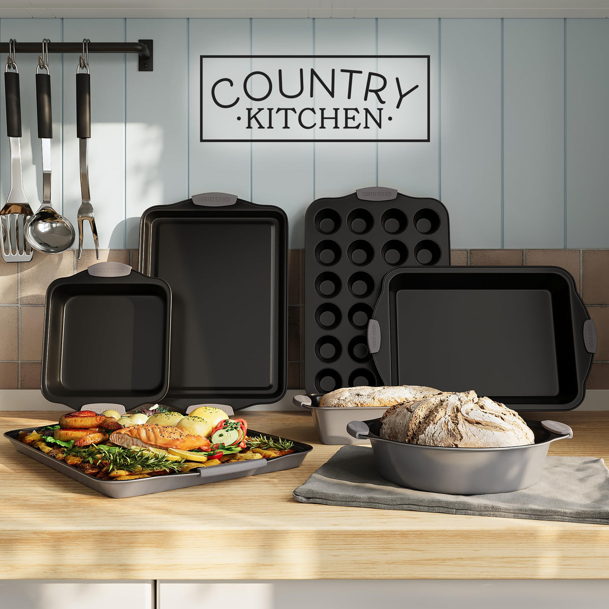 Country Kitchen Nonstick Stackable Bakeware Set - Durable, Easy Release Baking Set, Gray, 10 Pcs Country Kitchen