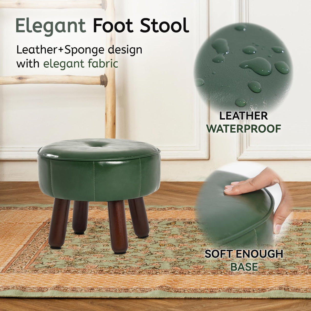 oakvivo 13in Small Foot Stool Ottoman, Round Faux Leather Foot Rest for Couch, Under Desk Pouf Footstool Footrest with Non-Skid Rubber Legs for Ling Room, Bedroom, 13''L x 13''W x 10.2''H, Green oakvivo