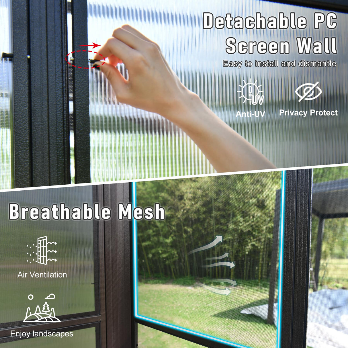 Domi Lean-to Sunroom 12x14FT, Wall Mounted Solarium with Sloping Polycarbonate Roof, Detachable Polycarbonate Screens, 2 Lockable Sliding Doors, Aluminum Gazebo Against Wall Sun Room for Patio Deck domi outdoor living