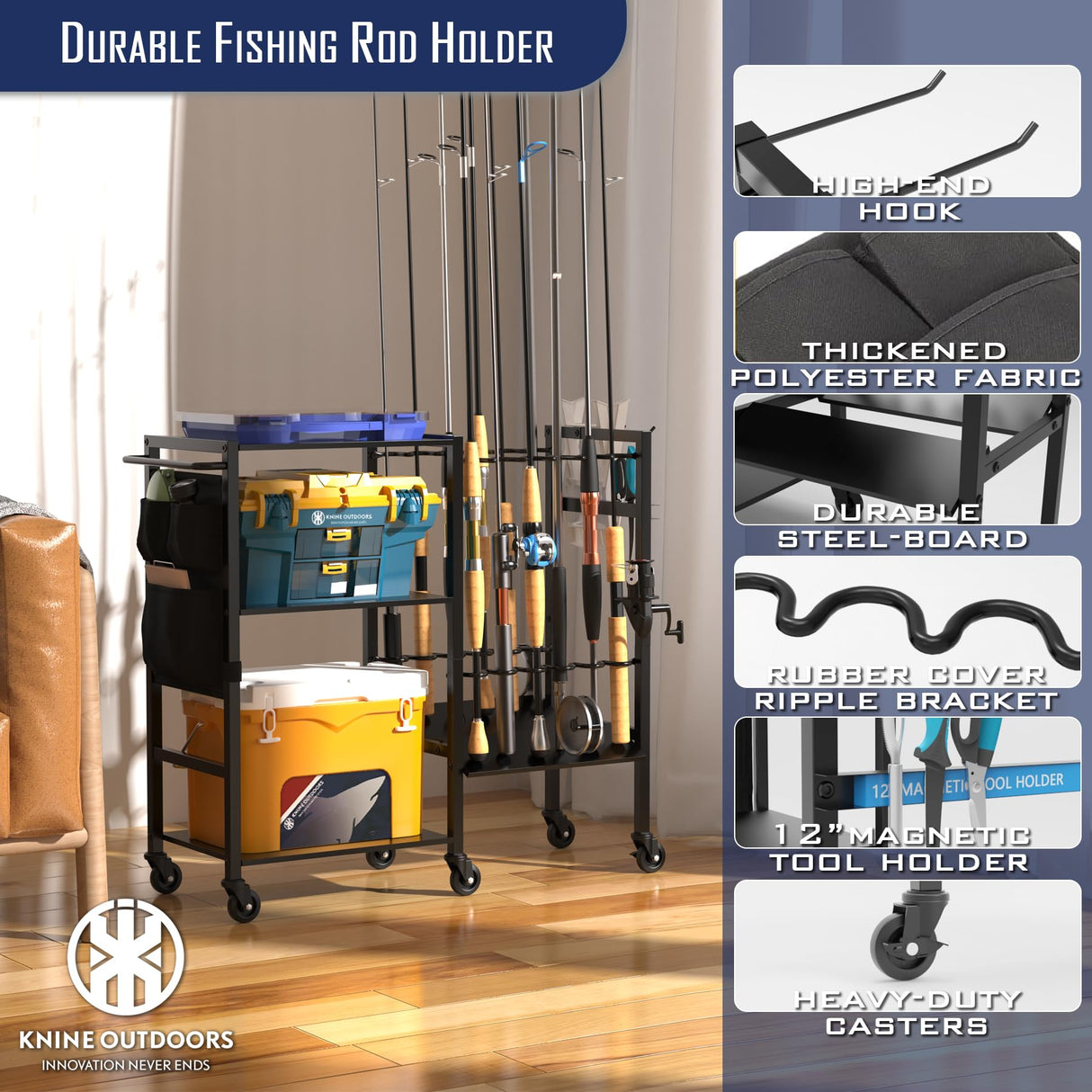 KNINE OUTDOORS Garage Fishing Pole Holders - 12 Rod Holders, 3 Layers of Storage Space for Fishing Gear and Equipment KNINE OUTDOORS