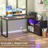 Homieasy L Shaped Desk with File Cabinet & Power Outlet, Reversible 55 Inch Large Corner Computer Desks with LED Strip, L-Shaped Computer Desk with Drawers and Storage Shelves, Espresso Homieasy