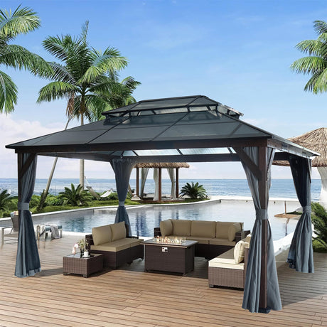 Zolyndo 10x13ft Cedar Wood Outdoor Hardtop Gazebo with Mosquito Nettings and Curtains, Solid Wooden Framed Gazebo with 2-Tier Waterproof Polycarbonate Roof for Patio, Backyard, Deck and Lawns, Black Zolyndo