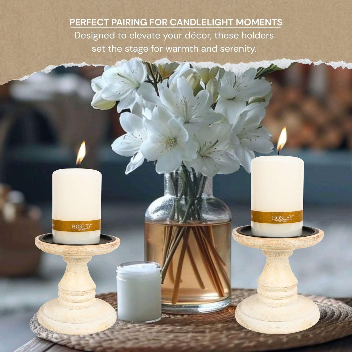 Hosley White 5 Inch High Wooden Pillar Candle Holder Country Style. Ideal Gift for Wedding Party Home Spa Reiki Aromatherapy LED Votive Candle Gardens W1 Hosley