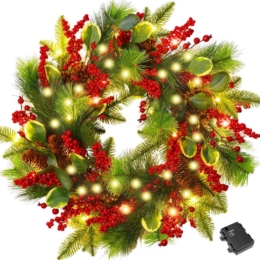 Winter Christmas Wreaths for Front Door Outside 24” Christmas Door Wreath with 60 LED Lights and Red Berries for Indoor Outdoor Home Fireplaces Wall Xmas Party Decor,Lighted Large Christmas Wreath