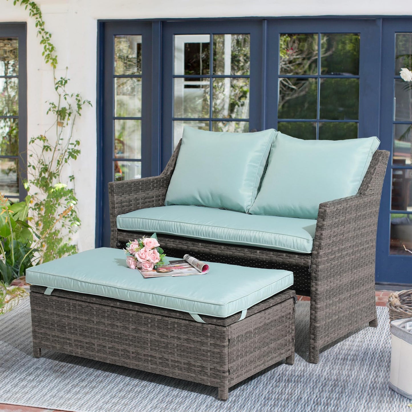 OC Orange-Casual 2-Piece Outdoor Patio Furniture Wicker Love-seat and Coffee Table Set, with Built-in Storage Bin, Grey Rattan, Green Cushions - WoodArtSupply