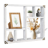 MITREL 17.7x15.7-Inch Shadow Box Display Shelf，6-Slot Rustic Floating Shelves，Larger Wood Trinket Shelf Freestanding Farmhouse Curio Shelf(6C-Rustic White) MITREL
