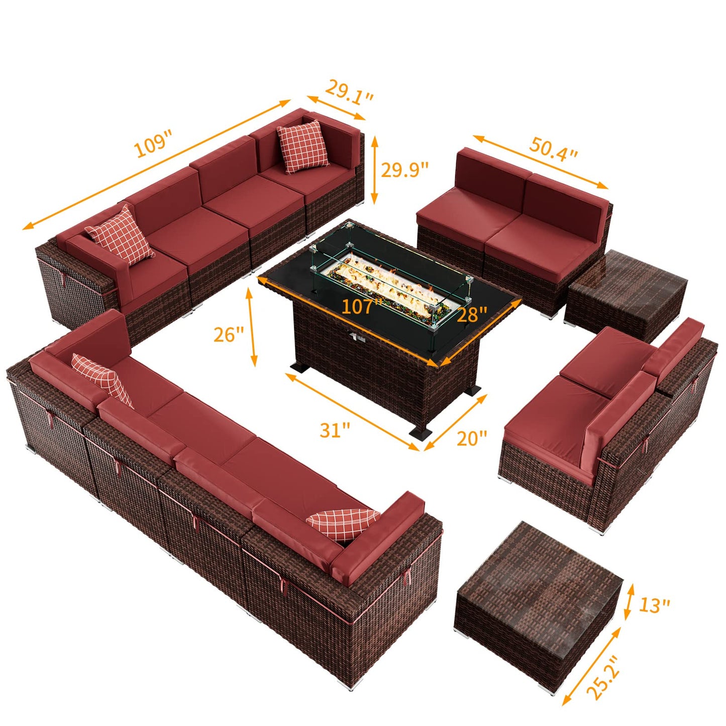 Amopatio Outdoor Patio Furniture Set with Gas Fire Pit Table, 15 Pieces Patio PE Wicker Pit Sectional Sofa, 44" Glass Gas Fire Patio Sectional Furniture with Burgundy Cushions, Coffee Tables, - WoodArtSupply