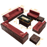 Amopatio Outdoor Patio Furniture Set with Gas Fire Pit Table, 15 Pieces Patio PE Wicker Pit Sectional Sofa, 44" Glass Gas Fire Patio Sectional Furniture with Burgundy Cushions, Coffee Tables, Covers Amopatio