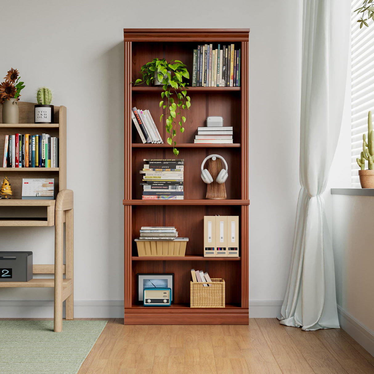 YESHOMY 72" Bookcase and Bookshelf, 5-Tier Wood Bookcases with Shelves, Tall Floor Standing Book Shelf Storage Cabinet Home Decor Furniture for Living Room, Home Office, Brown, 1 PCS YESHOMY