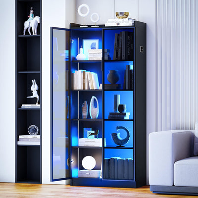 MDGC 65" Display Cabinet with Acrylic Glass Door, LED Bookcase with Human Sensor 3-Color Lights, 5-Tier Curio Storage Cabinet with Adjustable Shelf for Collectibles,Bedroom,Living Room,Office