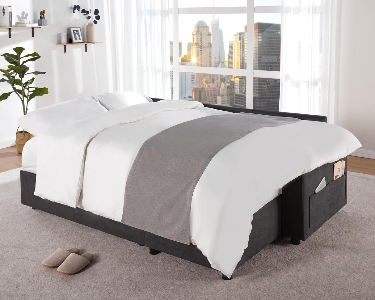 VanAcc Sofa Bed, Sleeper Sofa with USB Charging Ports, L-Shaped Couch with Storage, Pull Out Couch for Living Room, Grey Linen VanAcc