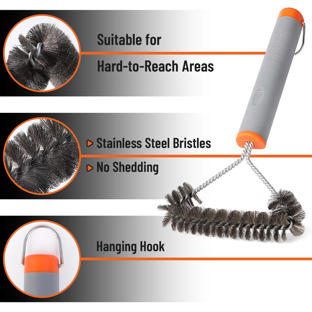 UNCO- 3-Sided Grill Brush Stainless Steel, 12.2", BBQ Grill Brush for Outdoor Grill Cleaning Brush, BBQ Brush, BBQ Brushes for Grill Cleaner Brush, Grill Scraper for Outdoor Grill Brushes UNCO